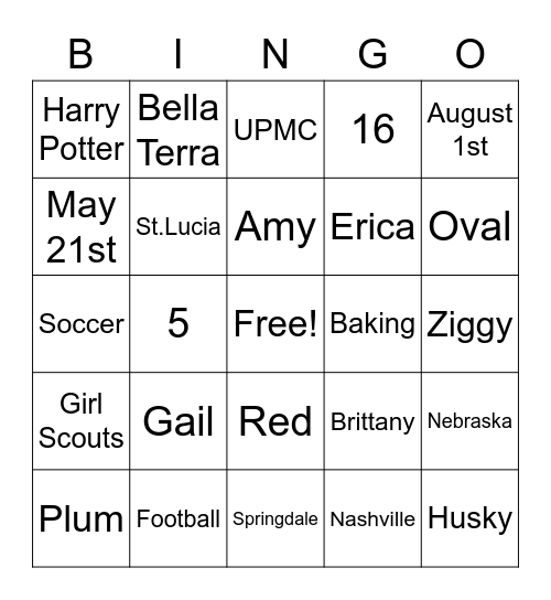 Madison's Bridal Shower Bingo Card