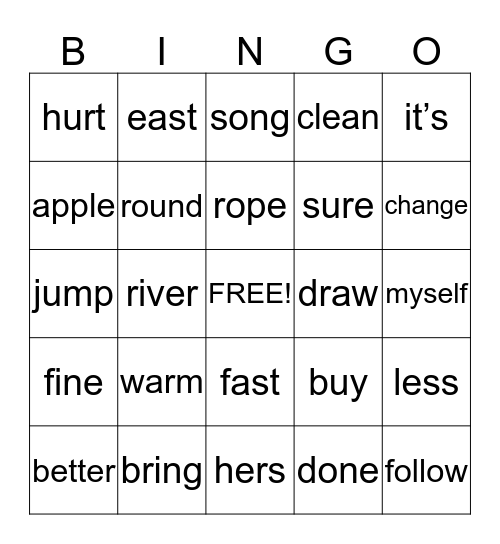 Sight Words 2.2 Bingo Card