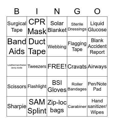 Ski Patrol Bingo Card