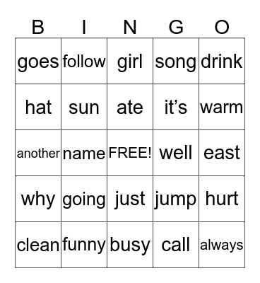 Sight Words 1.1 Bingo Card