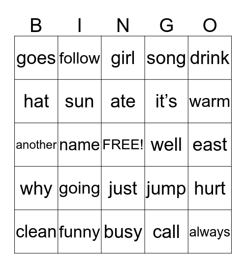 Sight Words 1.1 Bingo Card