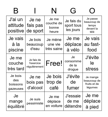 N5 French La santé Bingo Card