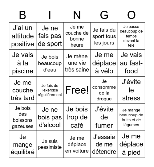 N5 French La santé Bingo Card