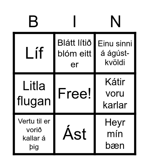 Tónlistarbingó - Íslensk lög Bingo Card