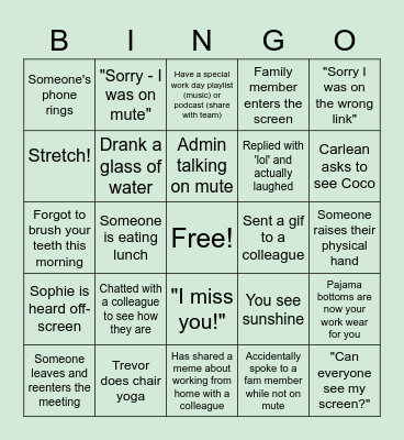 Remote Work Bingo Card