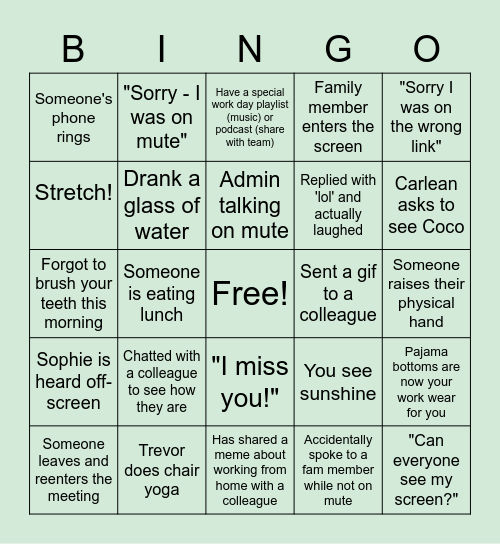 Remote Work Bingo Card