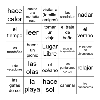 Vocabulario del verano Bingo Card