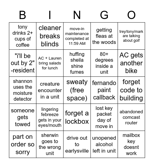 Turnover 2020 Bingo Card