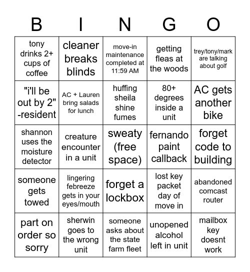 Turnover 2020 Bingo Card