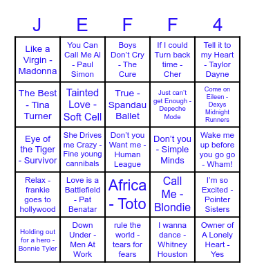 80s Music Bingo Card