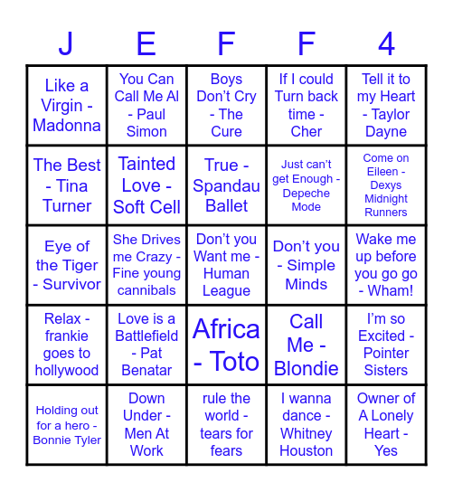 80s Music Bingo Card
