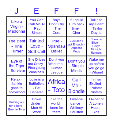 80s Music Bingo Card