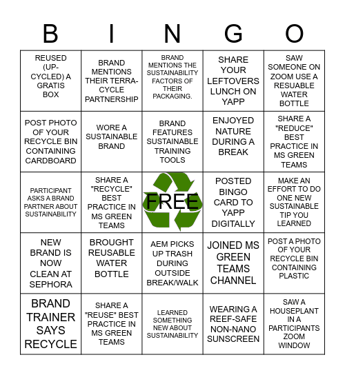 VTTT Sustainability BINGO Card