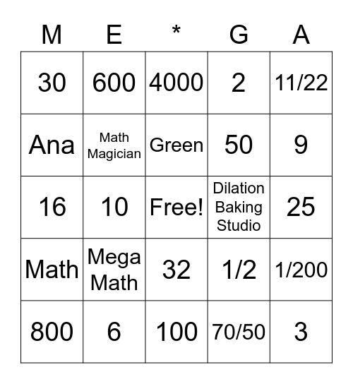 MEGA MATH BINGO GAME!! Bingo Card