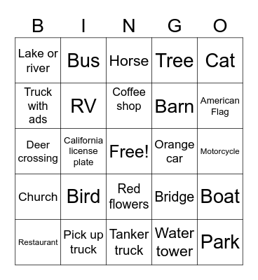 Road Trip Bingo Card