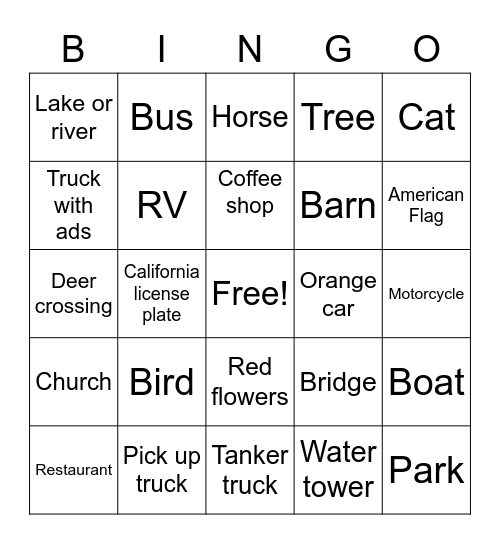 Road Trip Bingo Card