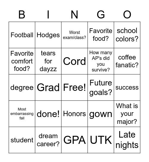 Graduation Bingo Card