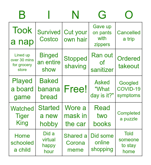 Quarantine Bingo Card