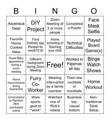 WFH/Quarantine Bingo Card