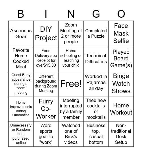 WFH/Quarantine Bingo Card