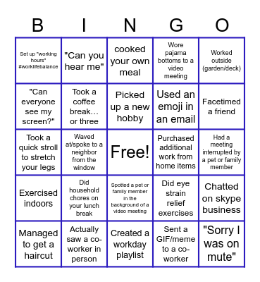 Remote Work Bingo Card Bingo Card