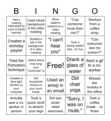Working from Remote Bingo Card