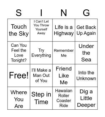 Disney Song "SING(O)" Bingo Card