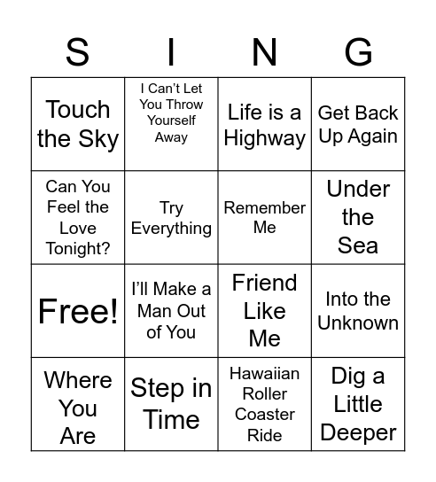 Disney Song "SING(O)" Bingo Card