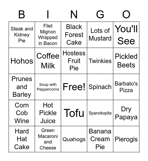 Favorites and Not So Favorites Bingo Card