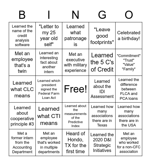 CFC 2020 Intern Orientation Bingo! Bingo Card