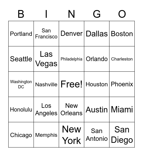 U.S. Cities Bingo Card