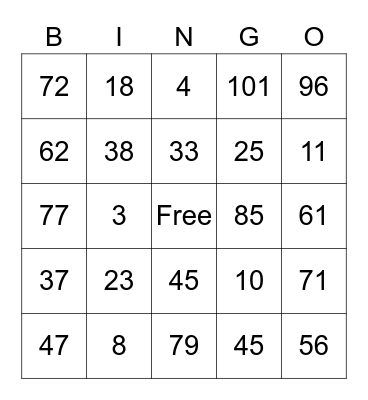 NUMBER Bingo Card