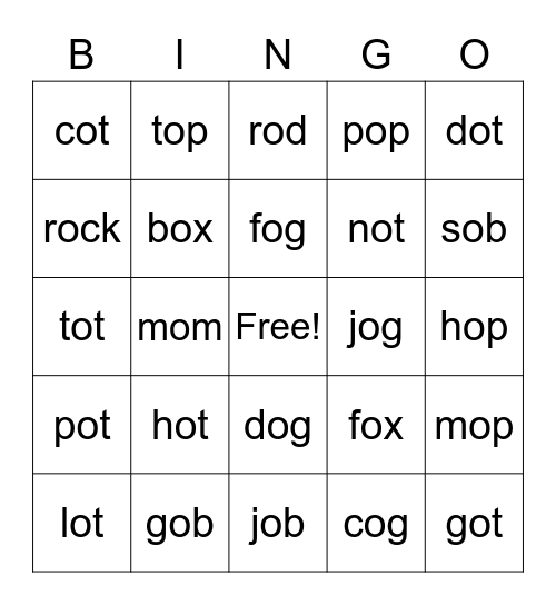 Short o Bingo Card