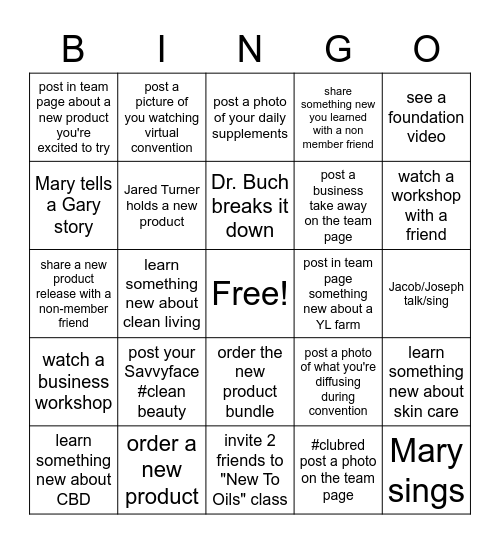 Team a House Of Oils 2020 Convention Bingo Card