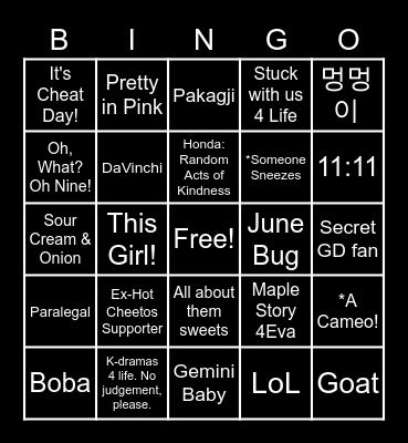 Secret Bingo QT Edition Bingo Card