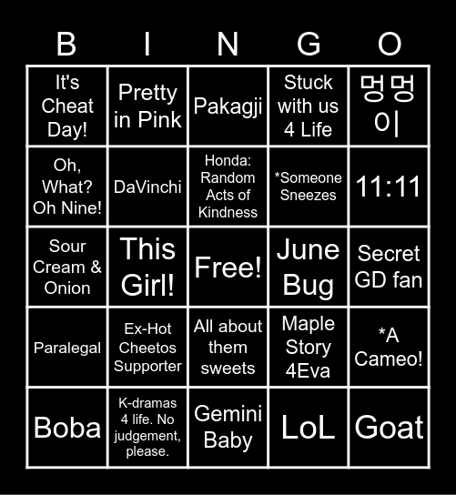 Secret Bingo QT Edition Bingo Card