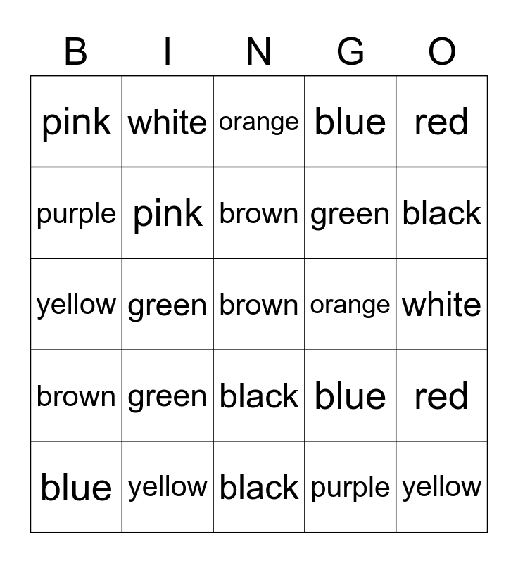 List Color Words Bingo Card