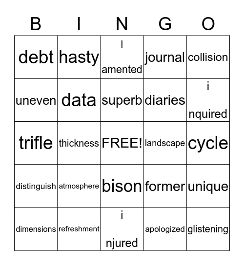 Vocabulary Bingo Card