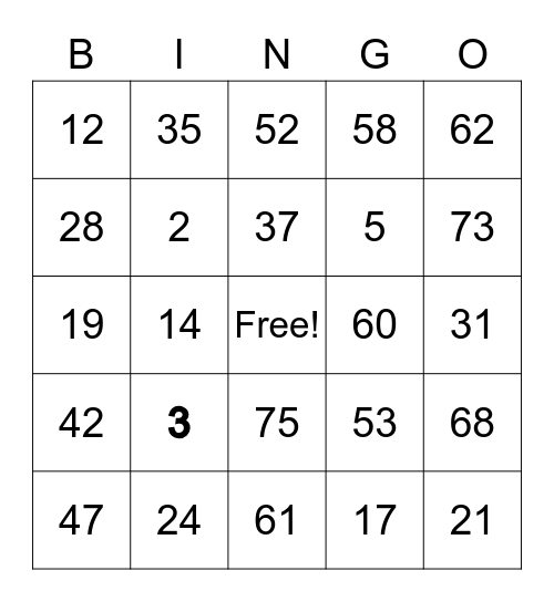 Number Bingo Card