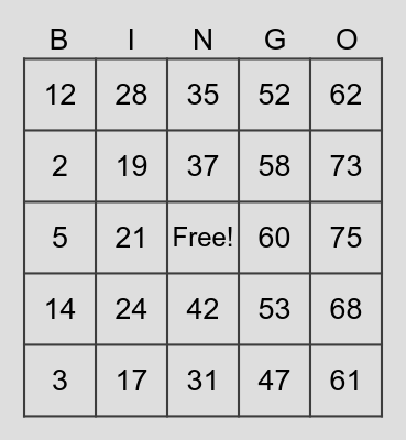 Number Bingo Card