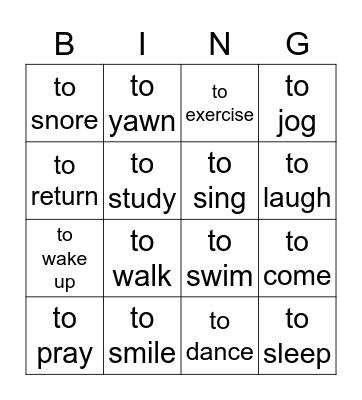 INTRANSITIVE VERBS Bingo Card