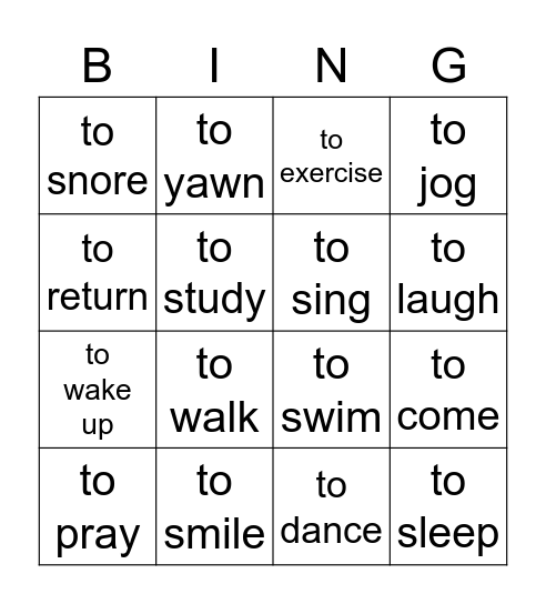 INTRANSITIVE VERBS Bingo Card