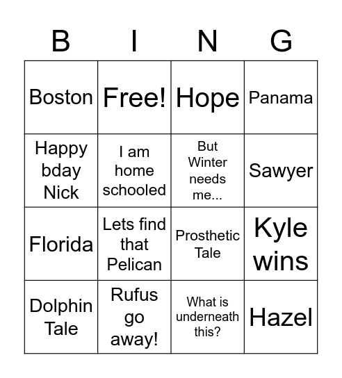 Dolphin Tale Movie Bingo Card