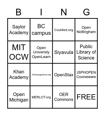 OER Bingo Card