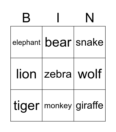 Animals Bingo Card