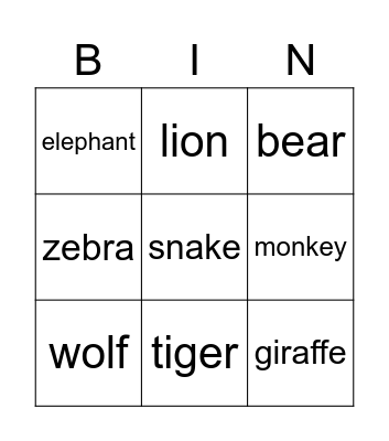 Animals Bingo Card