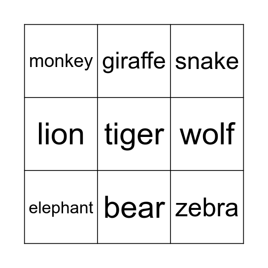 Animals Bingo Card