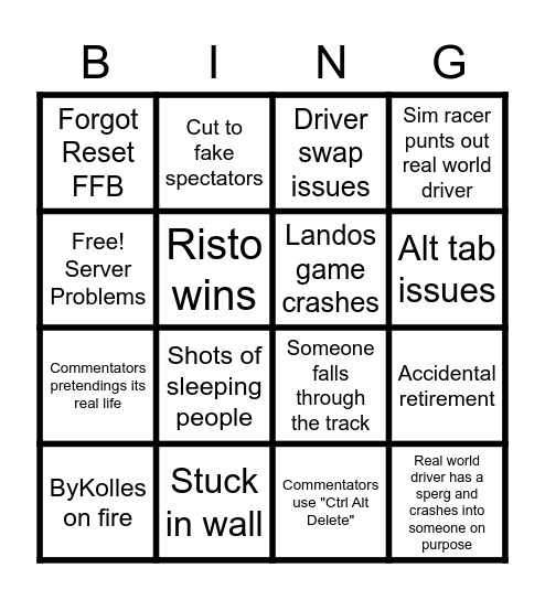 Virtual Le Mans Bingo Card