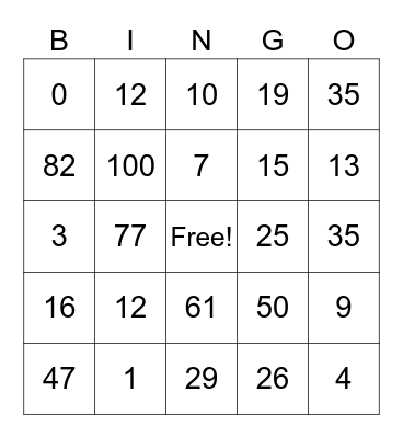 Number Bingo Card