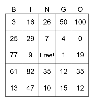 Number Bingo! Bingo Card